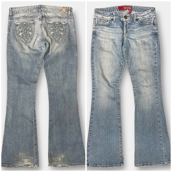 Guess Vintage Daredevil Flare Jeans Embroidery Size 29 - Picture 1 of 8